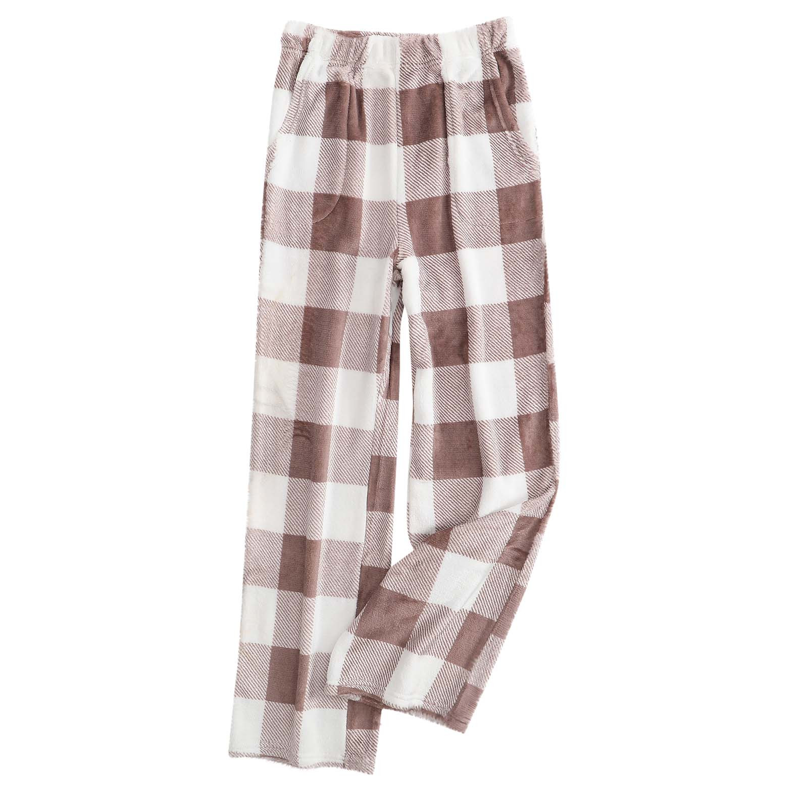 Gnurob Women Flannel Pajama Pants Plaid Sleepwear Winter Warm Trousers Elastic Waist Pant Straight Palazzo Comfy Pj Bottom Plus Size Loungewear with Pockets Saving,Brown,Small